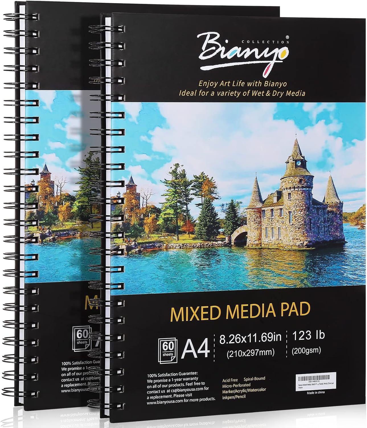 Bianyo Mixed Media Paper Sketchbook, A4 (8.26" X 11.69"), 60 Sheets/Each, 123 LB/200 GSM, Pack of 2 Pads, Spiral-Bound Pad, Ideal for Wet & Dry Media Like Marker, Watercolor, Acrylic, Pastel, Pencil - Crafty Corner
