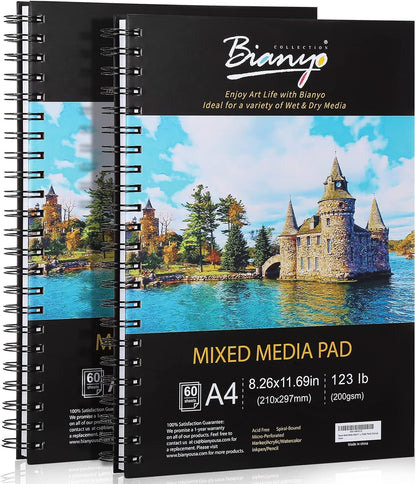 Bianyo Mixed Media Paper Sketchbook, A4 (8.26" X 11.69"), 60 Sheets/Each, 123 LB/200 GSM, Pack of 2 Pads, Spiral-Bound Pad, Ideal for Wet & Dry Media Like Marker, Watercolor, Acrylic, Pastel, Pencil - Crafty Corner