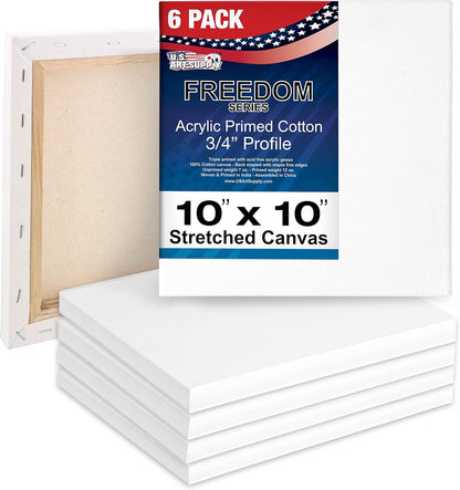 U.S. Art Supply 10 x 10 inch Stretched Canvas for Painting, 12oz Triple Primed, 6-Pack - Professional Artist Quality White Blank 3/4" Profile, 100% Cotton, Heavy-Weight Gesso - Acrylic Pouring, Oil