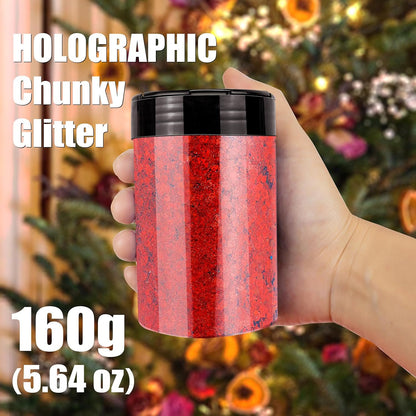 Estanoite Holographic Chunky Glitter, 160G/5.64OZ Glitter, Mixed Fine & Chunky Glitter for Epoxy Resin, Iridescent Glitter for Crafts Tumblers, Halloween Christmas Festival Painting Decor (Red)