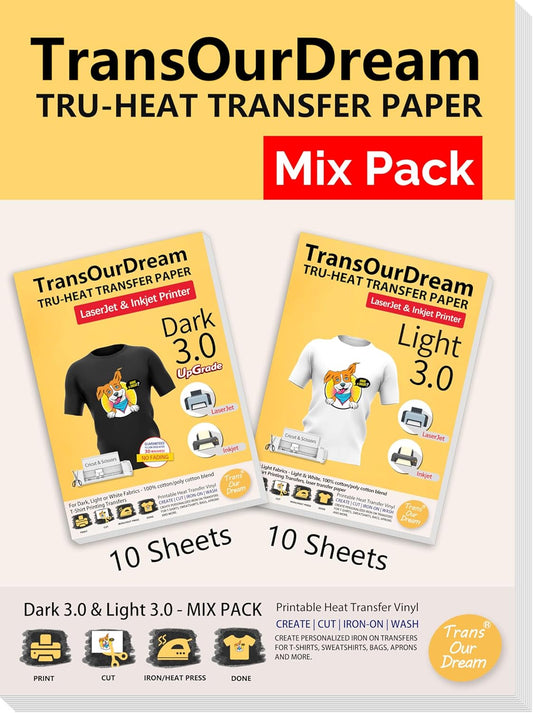 TransOurDream Iron on Heat Transfer Paper for Dark and Light T Shirts (10+10 Sheets, 8.5x11, Mix Pack) Printable HTV Heat Transfers Vinyl for Laserjet & Inkjet Printers (D3L3)