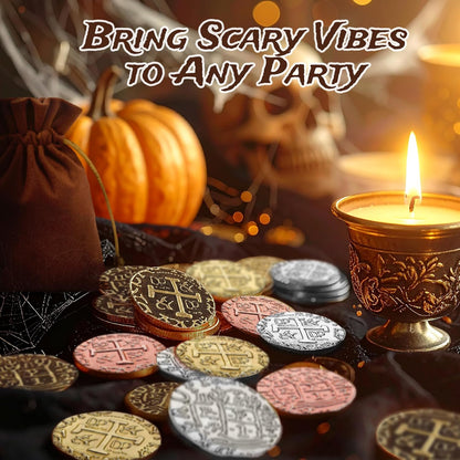 Large Metal Pirate Coins - 36 Bronze, Silver, Gold & Rose Gold Treasure Coin Set, Metal Replica Spanish Doubloons for Pirate Party Decorations & Favors, Tokens, Toys, Cosplay, Treasure Chest