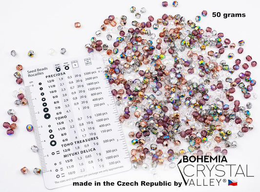 1.8 oz (50 g, cca 600pcs) Mix of Faceted Fire Polished Pressed Czech Glass Beads, Sparkling Shiny Mix