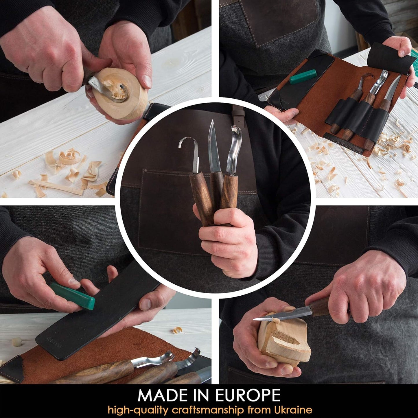 BeaverCraft Wood Spoon Carving Tools Kit S14x Deluxe - Whittling Tools Set Includes Sloyd Wood Carving Knife, Hook Knife, Gouge, Leather Roll-Up Case & Leather strop with Polishing Compound