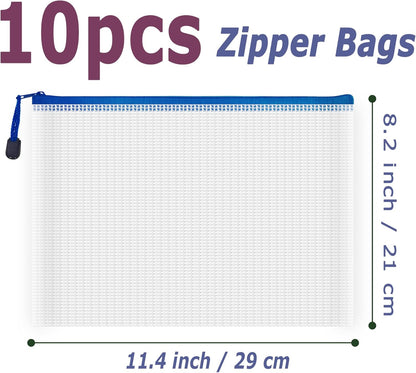 AUSTARK 10 Pcs Zipper File Bags, Waterproof Plastic Mesh Pouch for Office School, Board Game Storage Bags (B5 Size 11.4''x8.2'', White and Blue)
