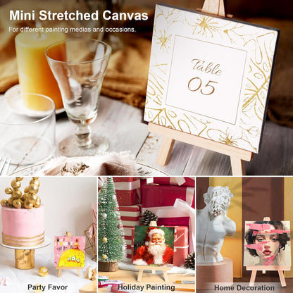 AUREUO Mini Canvas and Easel Set - 4x4 Inch/ 12 Pack - 2/5 Inch Profile Small Square Canvas with Display Stand - Art Gift Set Bulk Pack Canvases for Acrylic Painting & Craft