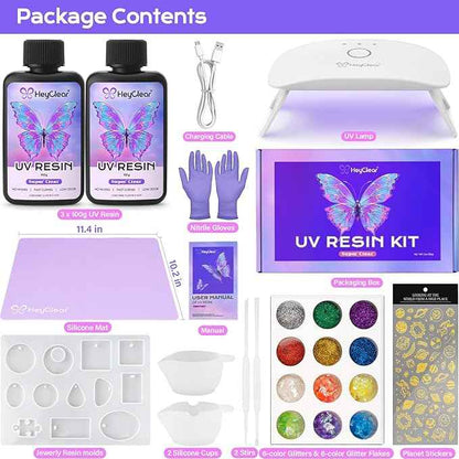 HeyClear UV Resin Kit 200g with UV Light, Molds and Casting Tools -Super Clear, Hard, Low Odor, Premixed and Fast Curing UV Glue for Coating, Jewelry Making, DIY Craft Decorations