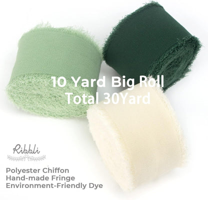 Ribbli Green Chiffon Ribbon1.5 inch x 30 Yard Handmade Silk Ribbon for Wrapping,Ivory Sage Forest Green Fringe Chiffon Ribbon for Wedding Invitations, Bridal Bouquets, Flower Arrangement Decoration - Crafty Corner