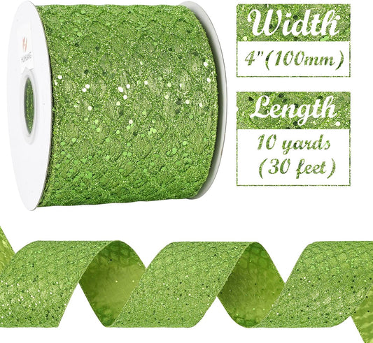HUIHUANG Lime Green Glitter Wired Ribbon - 4 inch x 10 Yards (30 Feet) - Polyester Material - Perfect for Christmas, Halloween & More - Geometric Pattern - Wired Edges for Easy Shaping - Crafty Corner