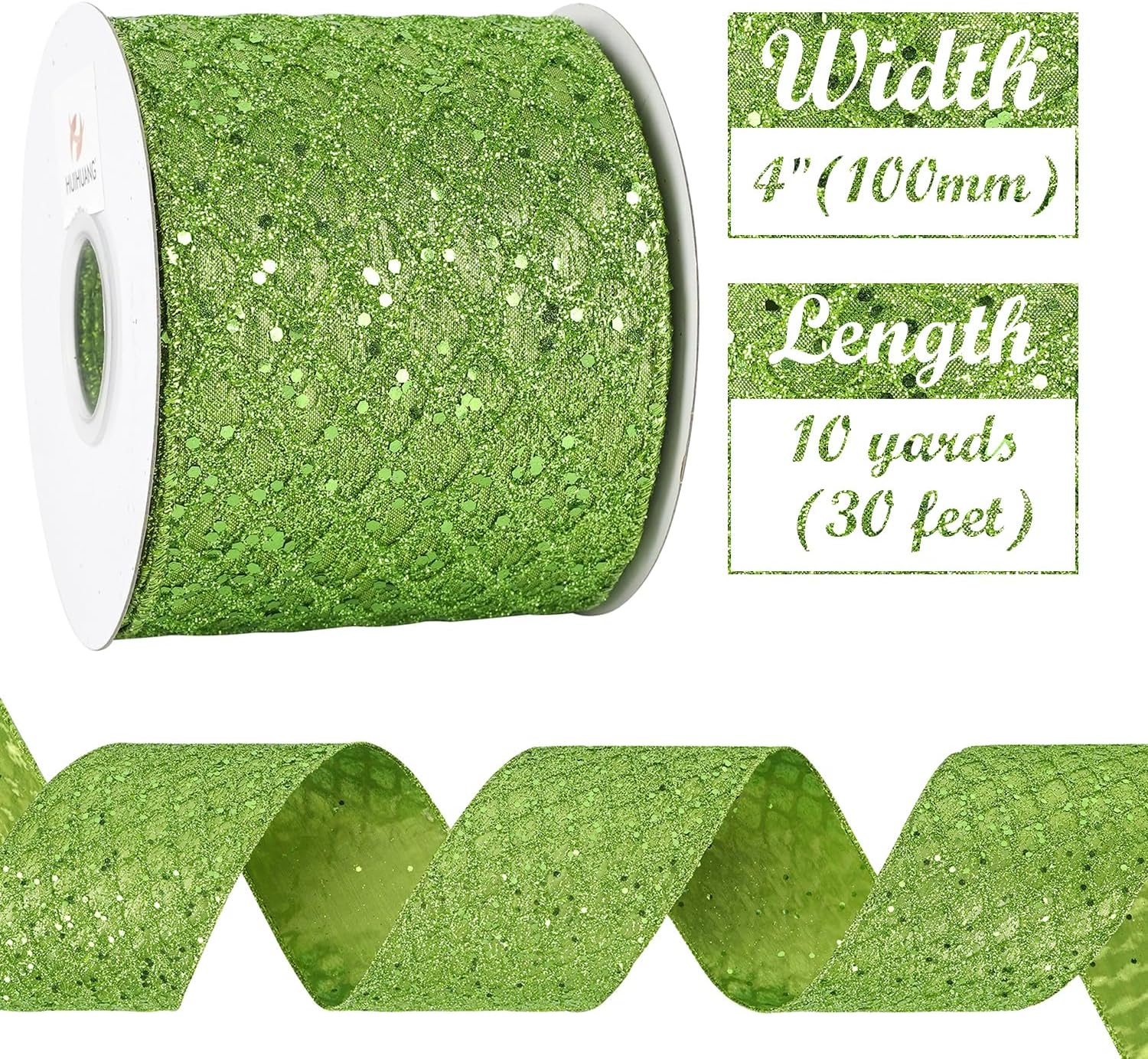 HUIHUANG Lime Green Glitter Wired Ribbon - 4 inch x 10 Yards (30 Feet) - Polyester Material - Perfect for Christmas, Halloween & More - Geometric Pattern - Wired Edges for Easy Shaping - Crafty Corner