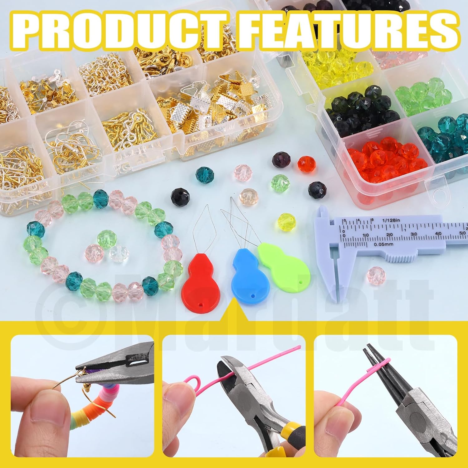 Mardatt 1250Pcs Jewelry Making Supplies Kit Includes 10 Colors 8mm Crystal Beads, Jewelry Pliers, Wires, Jump Ring Opener, Tweezers, Awl, Thimble Ring Jewellry Accessories for Jewellry Repair - Crafty Corner
