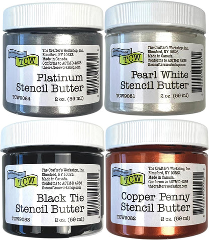 The Crafter's Workshop Stencil Butter - Formal Acrylic Paint Set - Boutique Metallic Texture Paste for Art, Canvas, Journals, & Cards - 4 x 2oz Jars