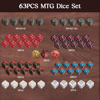 63 Pieces MTG Dice Counters Bulk Ability Keywords MTG Tokens Shield Life Counter 6 Sided Dice Set for MTG,TCG,Cards Gaming Accessories