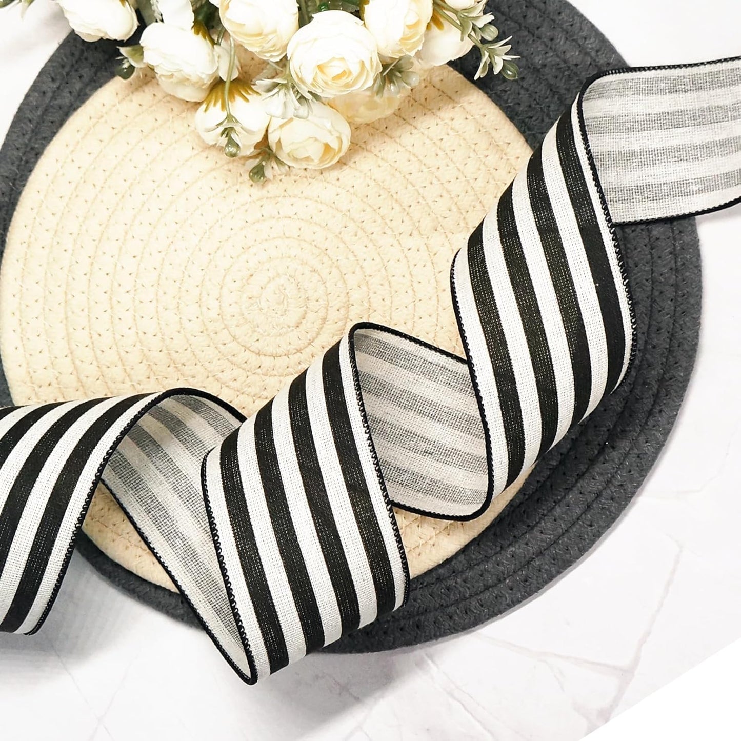 CT CRAFT LLC Striped Canvas Cotton Ribbon 2.5" x 10 Yards Ivory/Black Stripes for Thanksgiving Christmas Home Décor Gift Wrapping Outdoor Tree Topper Bow Wreath - Crafty Corner