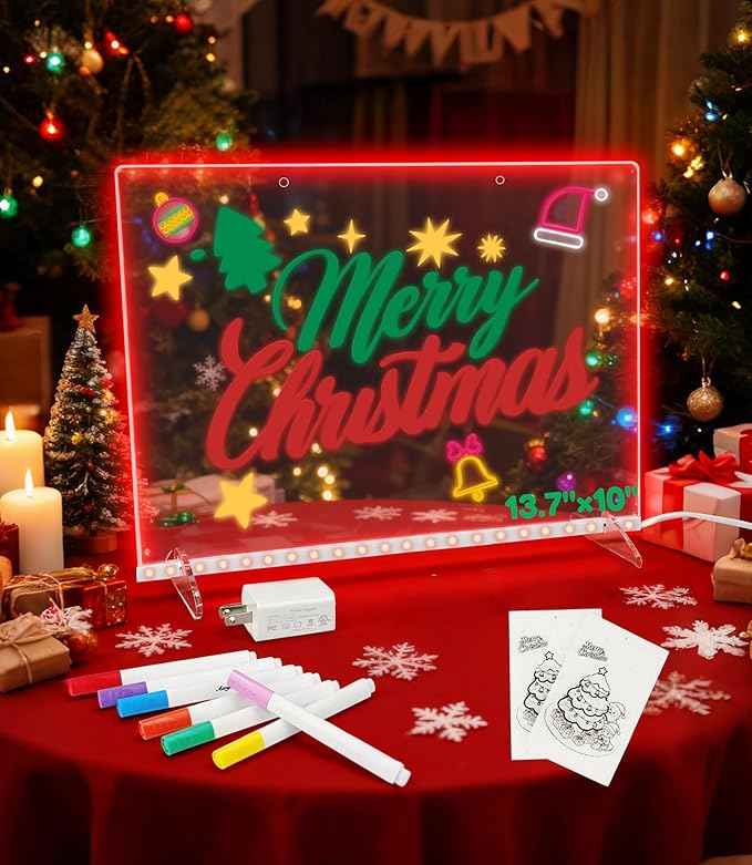 Led Note Board with 7 Colors: 13.7"X10" 4 Modes and 8 Piece Set Acrylic Dry Erase DIY Night Light Message Writing Led Drawing Boards for Kids Christmas Birthday Gifts for Girls Boys Home Decor Office