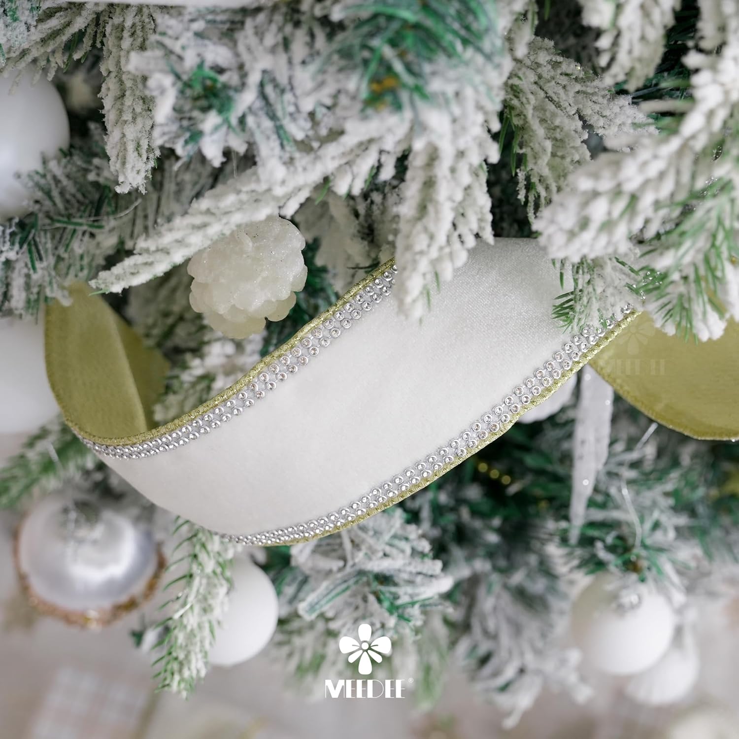 MEEDEE Gold & White Velvet with Rhinstone Edge Wired Ribbon 2.5 Inch Luxury Jeweled Ribbon 5 Yards Sparkling Rhinestone Trim for Christmas Tree, Garland, Wreaths, Holiday Home Decor, Wedding Decor - Crafty Corner