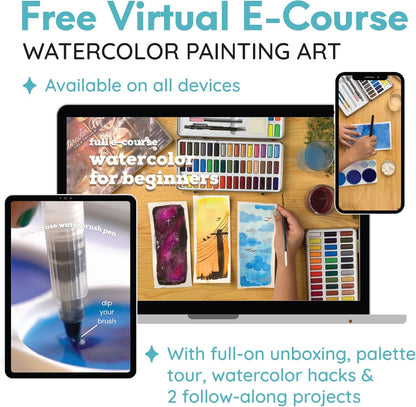 MozArt Supplies - Watercolor paint set 51 Vibrant Colors + accessories - For beginners & professionals