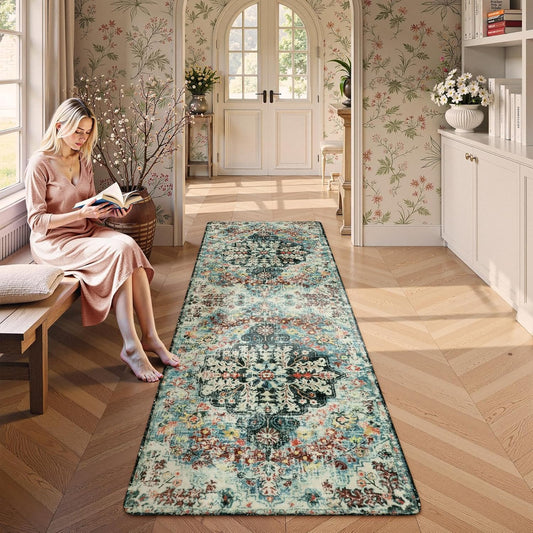 Lahome Bohemian Floral 2'8" x 8' Washable Hallway Runner Rug, Non Slip Kitchen Carpet Runners, Turkish Soft Pet Friendly Stair Mat for Bathroom Laundry Room Sunroom, Teal