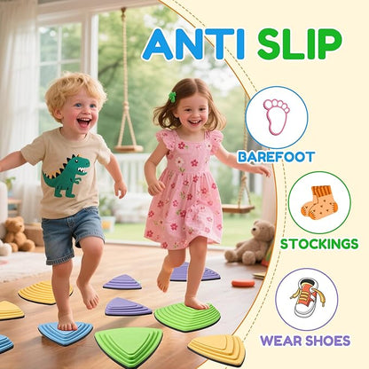 Kids Balance Stepping Stones Multicolor Triangular 10PCS Non-Slip Toddler Stepping Stones for Balance Coordination Ages 3-8 Years