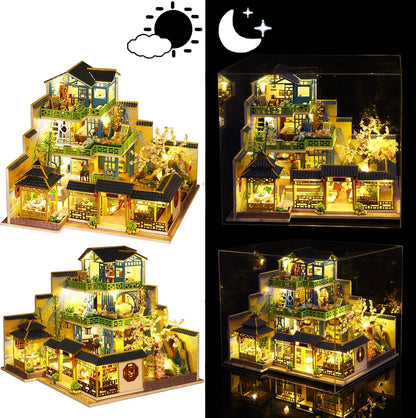 Spilay Dollhouse DIY Miniature Wooden Furniture Kit,Mini Handmade Big Castle Model with Dust Cover & Music Box,with dust Cover 1:24 Scale Creative Doll House for Adult Gift
