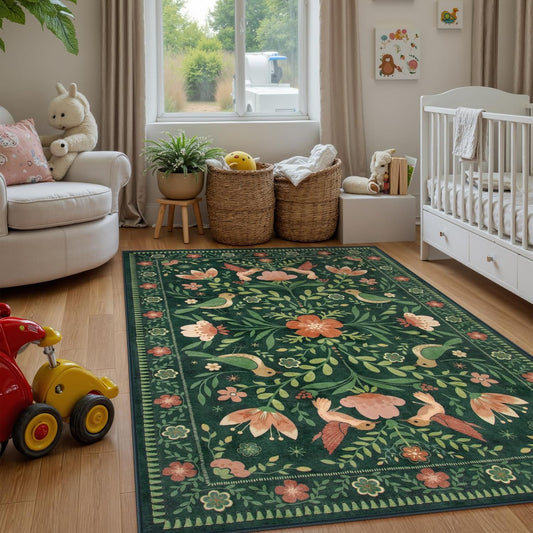 Morebes Washable Floral 5x7 Green Area Rug for Living Room, Large Boho Bird Rug for Bedroom Non Slip, Soft Vintage Plant Floor Carpet for Nursery Dining Kids Room Playroom Emerald Green