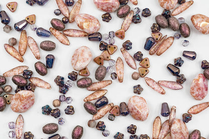 2.1oz (60 g) Mix of Unique Czech Bohemia Glass Pressed Beads, Matte and Glossy, Hand Made, Antique Copper Pink