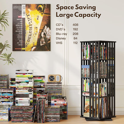 XIMN 360° Rotating Bamboo CD/DVD Shelf - 6-Tier Space-Saving Media Storage Cabinet for Movies, Organizer with Super Compact Design (Black, 4 Tier)