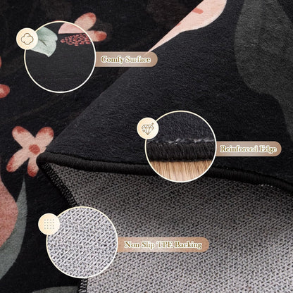 Beeiva 6x9 Rug for Living Room - Scalloped Floral Printed Bedroom Rug Machine Washable Area Rug Soft Area Rug Boho Ultra-Thin Stain Resistant Aesthetic Carpet for Playroom Dorm Office(Black,6x9ft)