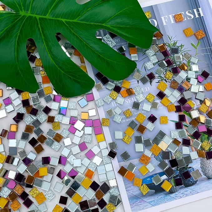 LITMIND 1.1LB Gold, Silver & Purple Mixed Glass Mosaic Tiles for Crafts - 0.4 Inch Square Mirror Glass Pieces, Ideal for Mosaic Art Projects, Puzzles, and Home Décor