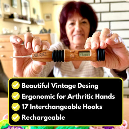 Everything Crochet Vintage Counting Crochet Hook Set with Light & Counter - Ergonomic for Arthritic Hands - Light up, Digital Stitch & Row Counter - 17 Size Interchangeable Hooks Kit - Cool Gift
