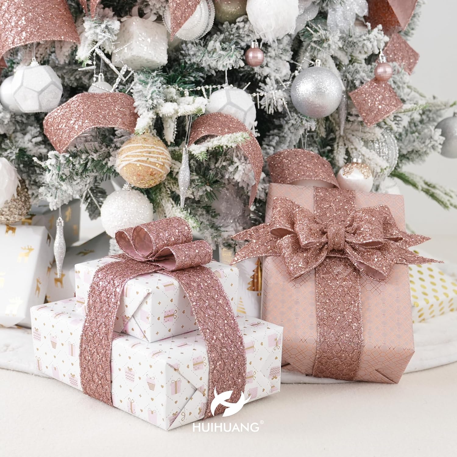 HUIHUANG Rose Gold Glitter Wired Ribbon for Christmas Tree 2.5 inch Rose Gold Diamond Mesh Ribbon for Tree Decoration, Wreaths, Garland, Gift Wrapping, Bows Making, Home Decor -10 Yards - Crafty Corner
