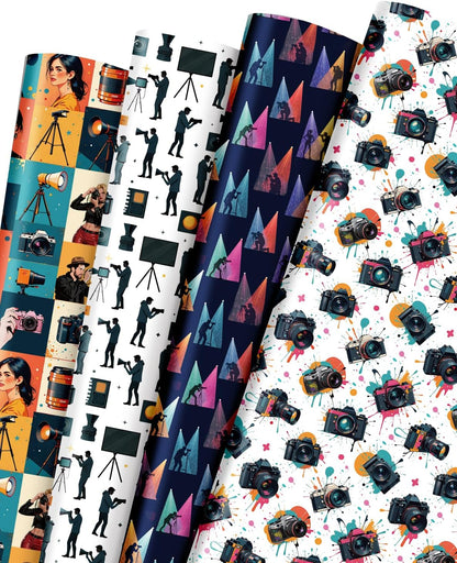 Pineraap 12 Sheets Photographer Wrapping Paper, Photography Gift Wrap Paper with Equipment, Camera, Photos & Scenes, Folded Flat Art Paper for Birthday DIY Crafts, 19.7 x 27.6 Inch (B)