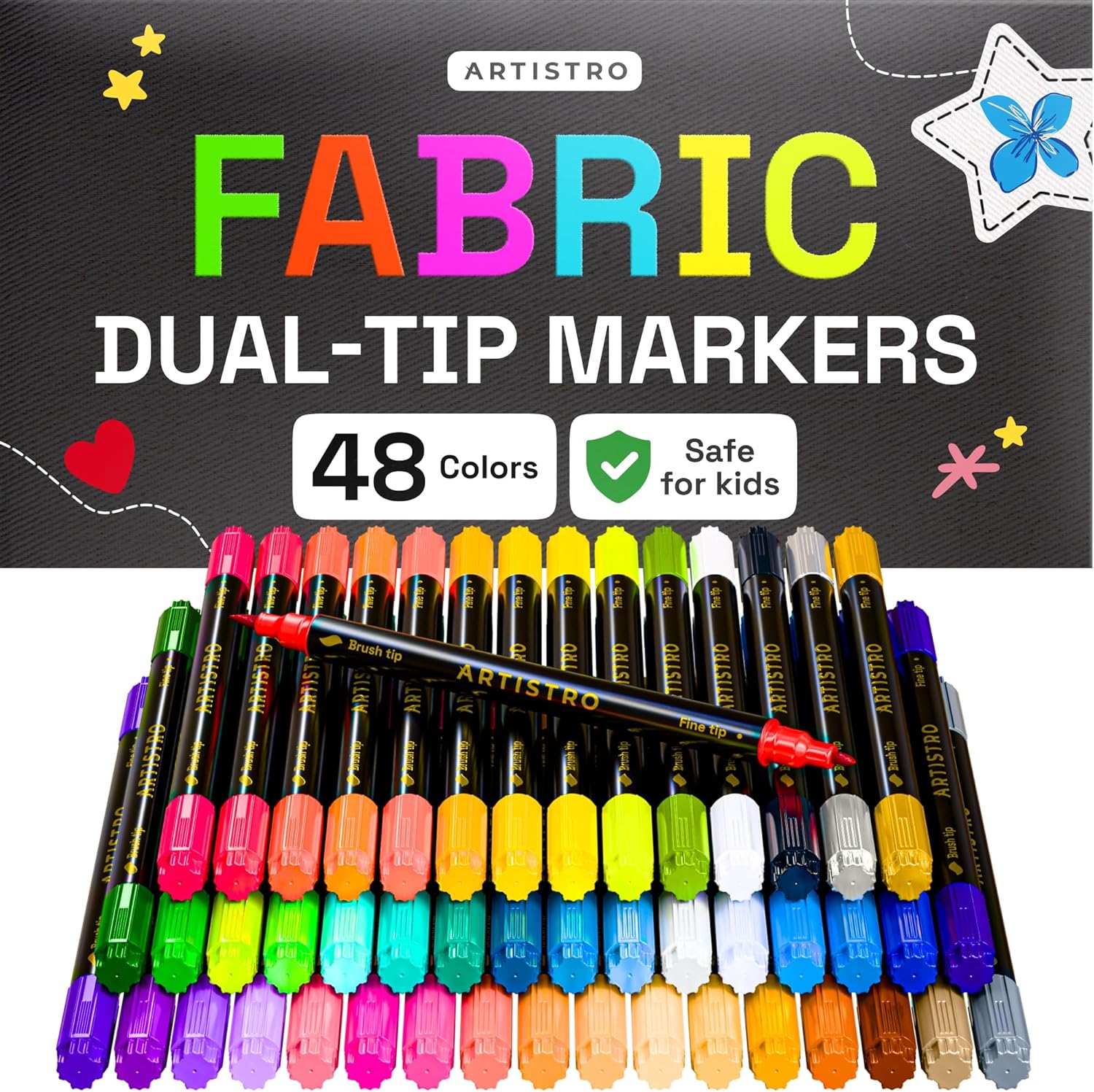 ARTISTRO 48 Dual-Tip Fabric Markers - Fabric Decorating Kit - Permanent for Clothes - No Bleed Pens for T-Shirts, Bags, Textile, Canvas, and More (Brush Tip and Fine Tip) - Crafty Corner