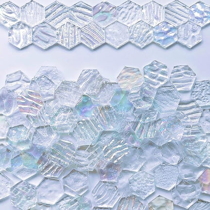 100 pcs Hexagon White Iridescence Stained Glass Pieces Mosaics Tiles for Crafts Bulk, Hand Precut Mosaic for Stained Glass Bee Honeycombs, Mosaic Kits for Adults