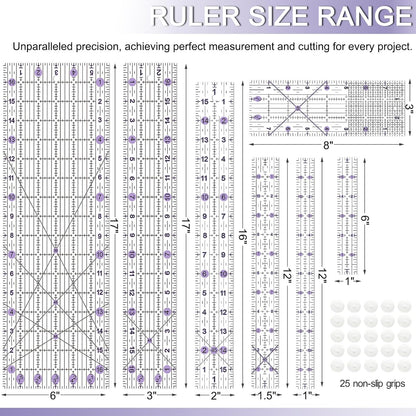 Quilting Ruler, Sewing Ruler, 8 Pack, Acrylic Quilting Templates(6"x17", 3"x17", 2"x16", 1.5"x12", 1"x12", 1"x6", 8"x3"), Non Slip Rings 25 Pieces, Sewing and Quilting Supplies - Clear/Purple
