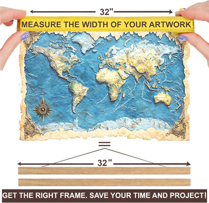DACRI HOME 32" Wide Magnetic Poster Hanger Frame - 32x24 32x40 32x48 Magnetic Frame - Premium Teak Wood, Strong Magnets for Hanging Posters Maps Pictures Scroll Wall Art (32 Inch, Natural Wood)