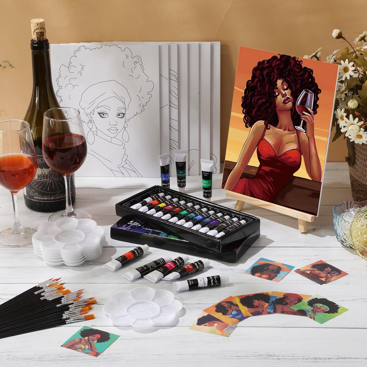 Cholemy 36 Pcs Paint and Sip Kit for Adults 8''x10'' Pre Drawn Canvas for Painting DIY Afro Acrylic Painting Kit Wood Easel Brushes Date Night Bulk for Christmas Party Gifts(Fashion Women) - Crafty Corner
