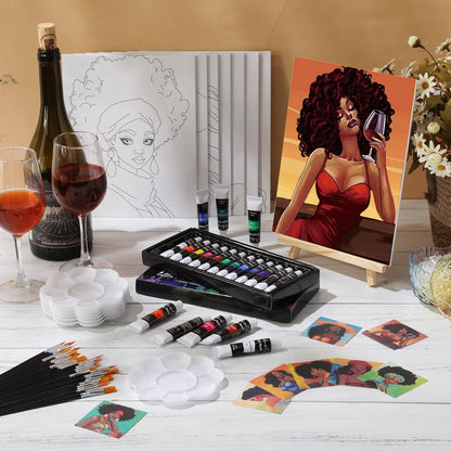 Cholemy 36 Pcs Paint and Sip Kit for Adults 8''x10'' Pre Drawn Canvas for Painting DIY Afro Acrylic Painting Kit Wood Easel Brushes Date Night Bulk for Christmas Party Gifts(Fashion Women) - Crafty Corner