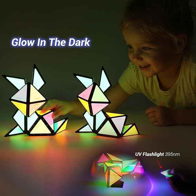 TOSY Magnet Pyramid Glow - 1 Cube Transforms into 1 Billion Shapes (Bunny, Egg, Flowers, Heart), Easter Basket Stuffers Gift, 12 pcs, 243 Magnets, Glowing, Holographic Design, Puzzle/STEM Toy, 4-Pack