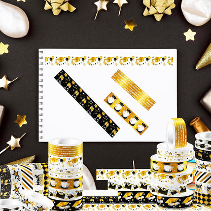 12 Rolls Graduation Washi Tape Set, Gold Foil Congratulations Graduation Masking Tapes, Black Gold Star Grad Cap Decorative Sticker Tape for Graduation Scrapbook DIY Crafts Gift Packaging 16.4FT