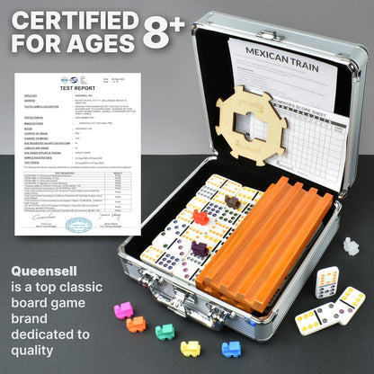 Mexican Train Dominoes Set with 4 Holders - Dominoes Double 12 with Wooden Hub and Tiles Holders - Double 12 Dominos Set for Family Game Night for Adults and Kids Ages 8 and up (D12 + 4 Holders)