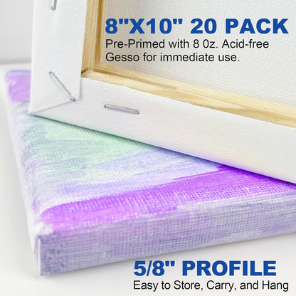 Blank Canvases - 8x10in Stretched Canvases, 20 Pack, 5/8 Inch Profile, 100% Cotton Artist Framed Canvas for Acrylics, Oils & Other Painting Media