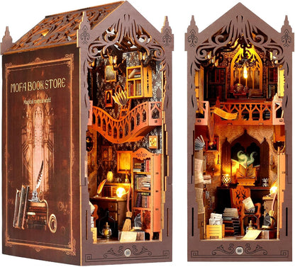 DIY Book Nook Kit, Miniature Dollhouse Bookshelf Insert with LED Light, 3D Wooden Puzzle Bookend Insert, Perfect for Teens and Adults, Magic Book