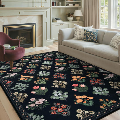 Wonnitar Floral Print Rug for Living Room, Black Washable 5x7 Area Rugs, Ultra-Thin Non Slip Stain Resistant Bedroom Carpet for Dining Room Playroom Office Dorm, Black/Multi