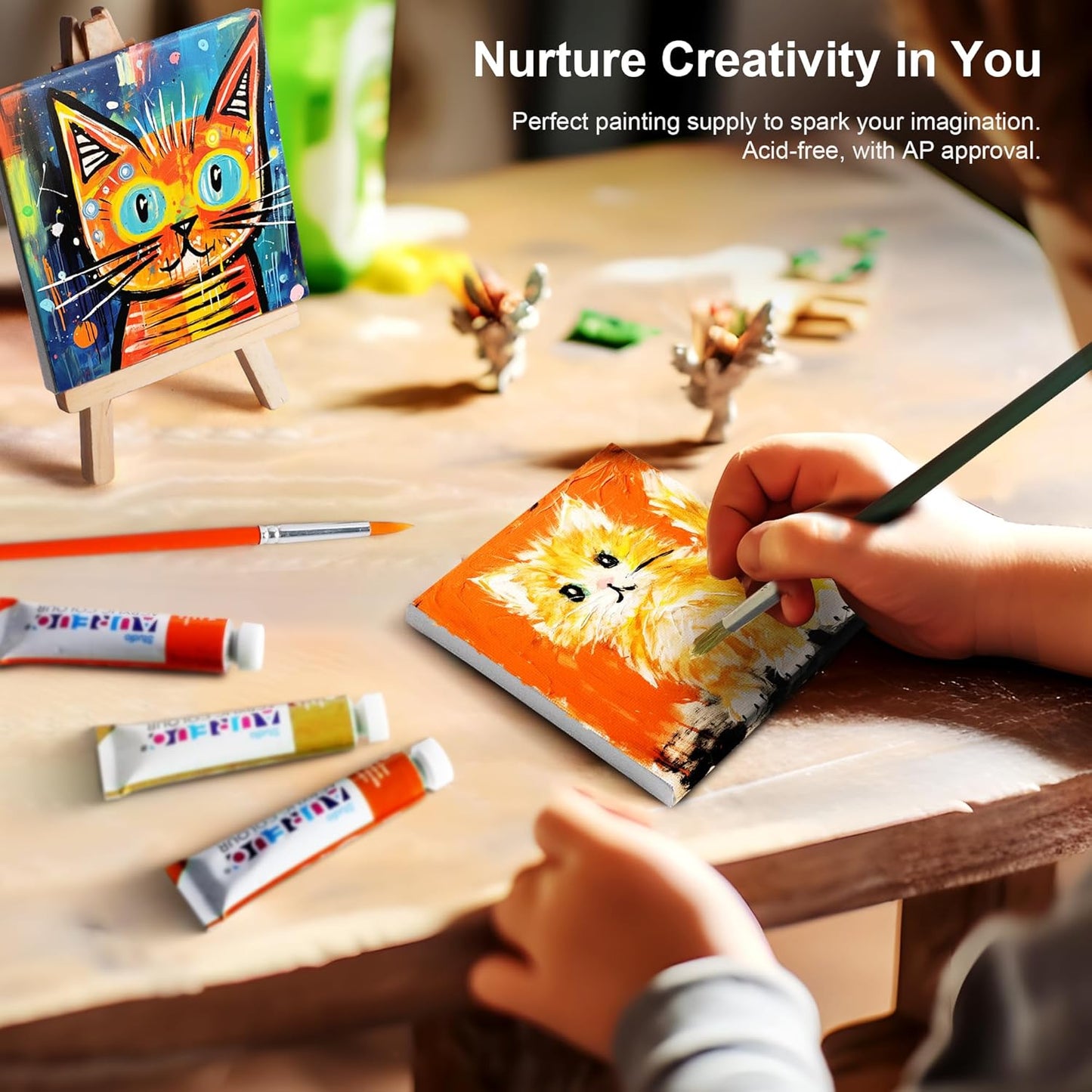 AUREUO Mini Canvas and Easel Set - 4x4 Inch/ 12 Pack - 2/5 Inch Profile Small Square Canvas with Display Stand - Art Gift Set Bulk Pack Canvases for Acrylic Painting & Craft