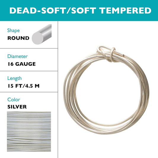 The Beadsmith Wire Elements Craft Wire – Tarnish Resistant, Soft Temper, Round, Silver Color – 1.3mm, 16 Gauge, 15 Foot Spool – Jewelry Making, Wire Wrapping, Floral, & Other DIY Crafts