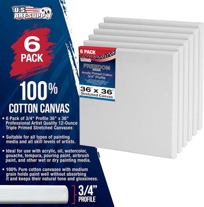 U.S. Art Supply 36 x 36 inch Stretched Canvas 12-Ounce Triple Primed, 6-Pack - Professional Artist Quality White Blank 3/4" Profile, 100% Cotton, Heavy-Weight Gesso - Acrylic Pouring, Oil Painting