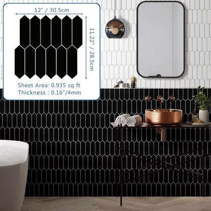 SUNWINGS Backsplash Tile for Kitchen Peel and Stick, Stone Composite Self Adhesive Tiles Long Hexagon Mosaic Wall Tile for Kitchen, 12 Inch x 11.22 Inch 10 Sheets Black Matte