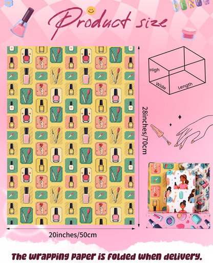 Pineraap 12 Sheets Nail Art Wrapping Paper, Manicure Gift Wrap Paper with Nails Polish Bottles & Salon Scenes, Folded Flat Paper for Nail Art Lovers Birthday DIY Crafts, 19.7 x 27.6 Inch