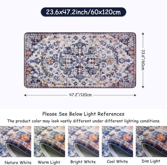 Lahome Bohemian Floral Medallion Runner Rug - 2x4 Blue Soft Bathroom Rug Runner Entry Way Mat, Washable Non Skid Laundry Room Carpet Runners for Living Room Dining Room Kitchen Entrance